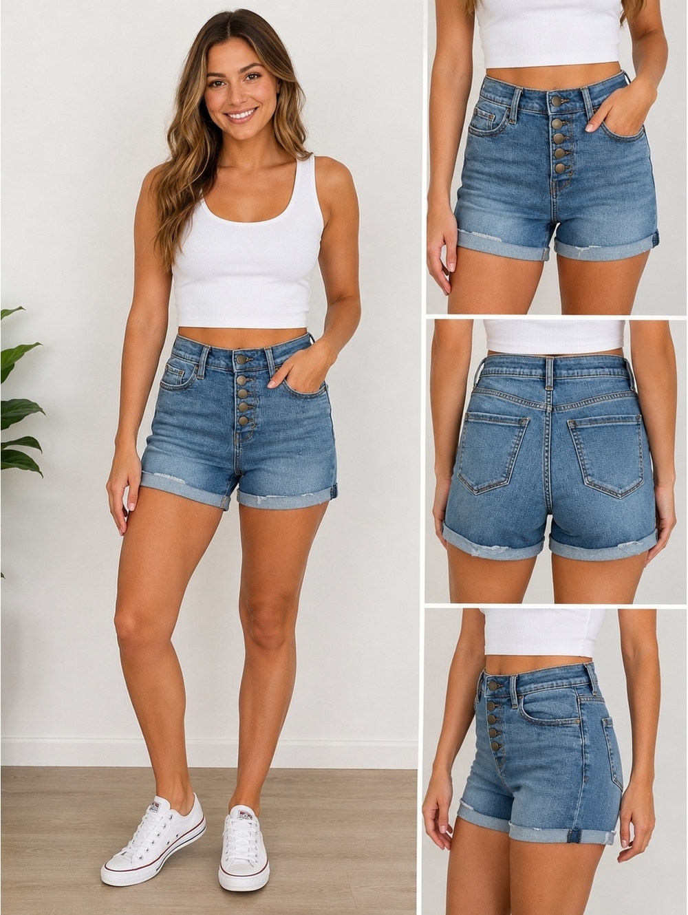 a.n.a Women’s High-Rise Midi Denim Shorts Size 2 Button Fly Cuffed 5” Inseam